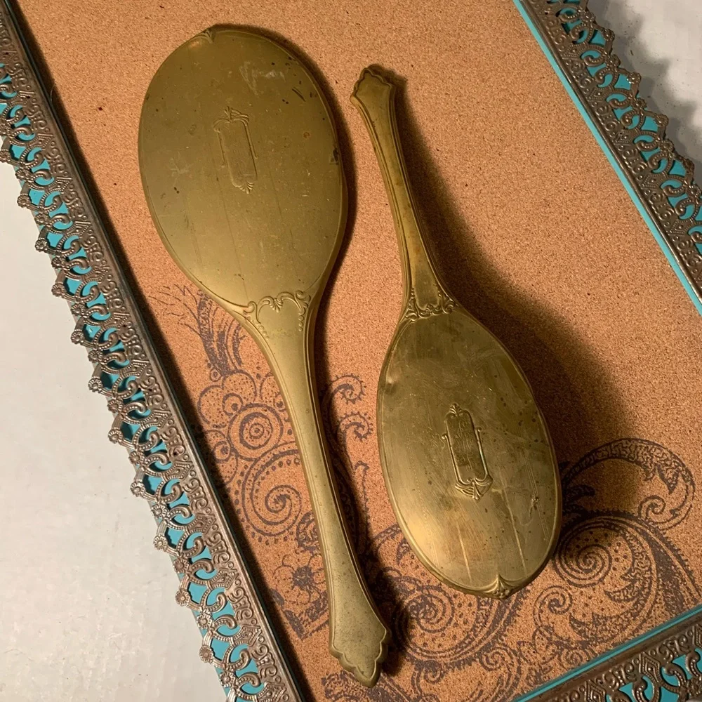 Antique Brass Hand Mirror and Brush Set (B21)